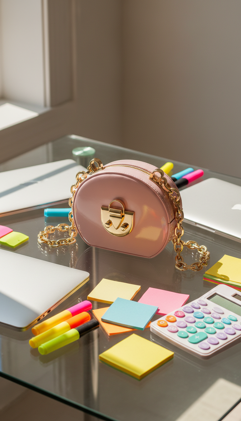 A vibrant, glossy pastel pink handbag with chunky gold hardware and a rounded, whimsical silhouette, perched atop a glass desk scattered with closed laptops and a rainbow array of stationery: highlighters, sticky notes, and a chunky calculator. The soft glow of natural daylight pours in from a window just out of frame, catching metallic highlights and casting playful, diffused shadows across the bright, uncluttered surface. The mood is energetic and optimistic, with a playful twist that captures the excitement of finding the perfect office accessory. Captured from a slightly elevated, off-center angle for a lively composition. The photographic style is crisp, saturated, and contemporary, aligning with the site’s upbeat personality and focus on stylish finds.