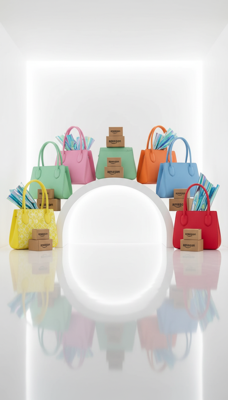 A colorful assortment of structured work totes, each in bold, candy-inspired hues like lemon yellow, mint green, and watermelon red, arranged in a whimsical arch on a shiny white shelf. Scattered between the bags are tiny, neatly stacked boxes labeled with Amazon logos and aurora-colored gift wrap peeking out. Overhead studio lighting creates crisp reflections and bold color saturation, with subtle shadows enhancing the rounded forms of the bags and boxes. The image is bright and animated, designed to convey a sense of discovery and delightful surprise. Taken from an eye-level perspective with sharp focus throughout, this photographic scene radiates modern, playful energy perfect for a fashion deals blog.